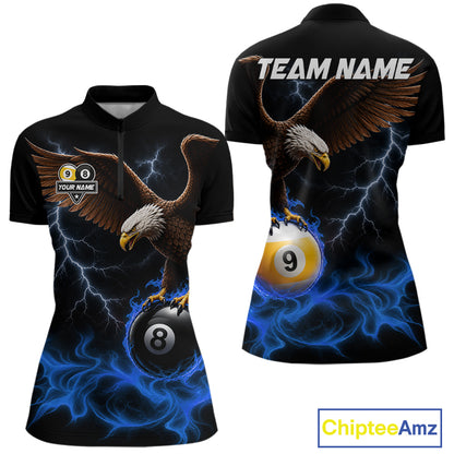 Blue Flaming Eagle 8 Ball & 9 Ball Billiard Shirts For Women Custom Pool Team Jersey Polo & 1/4 Zip TDM6561