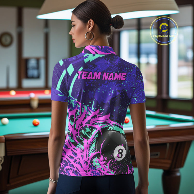Personalized 8 Ball Billiard Shirt For Women | Neon Purple, Pink & Teal Paint Funny Pool Team Jersey TDM4232