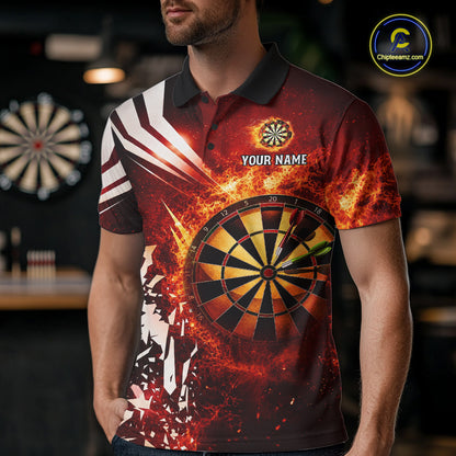 Man wearing a red fire dartboard darts jersey front view.