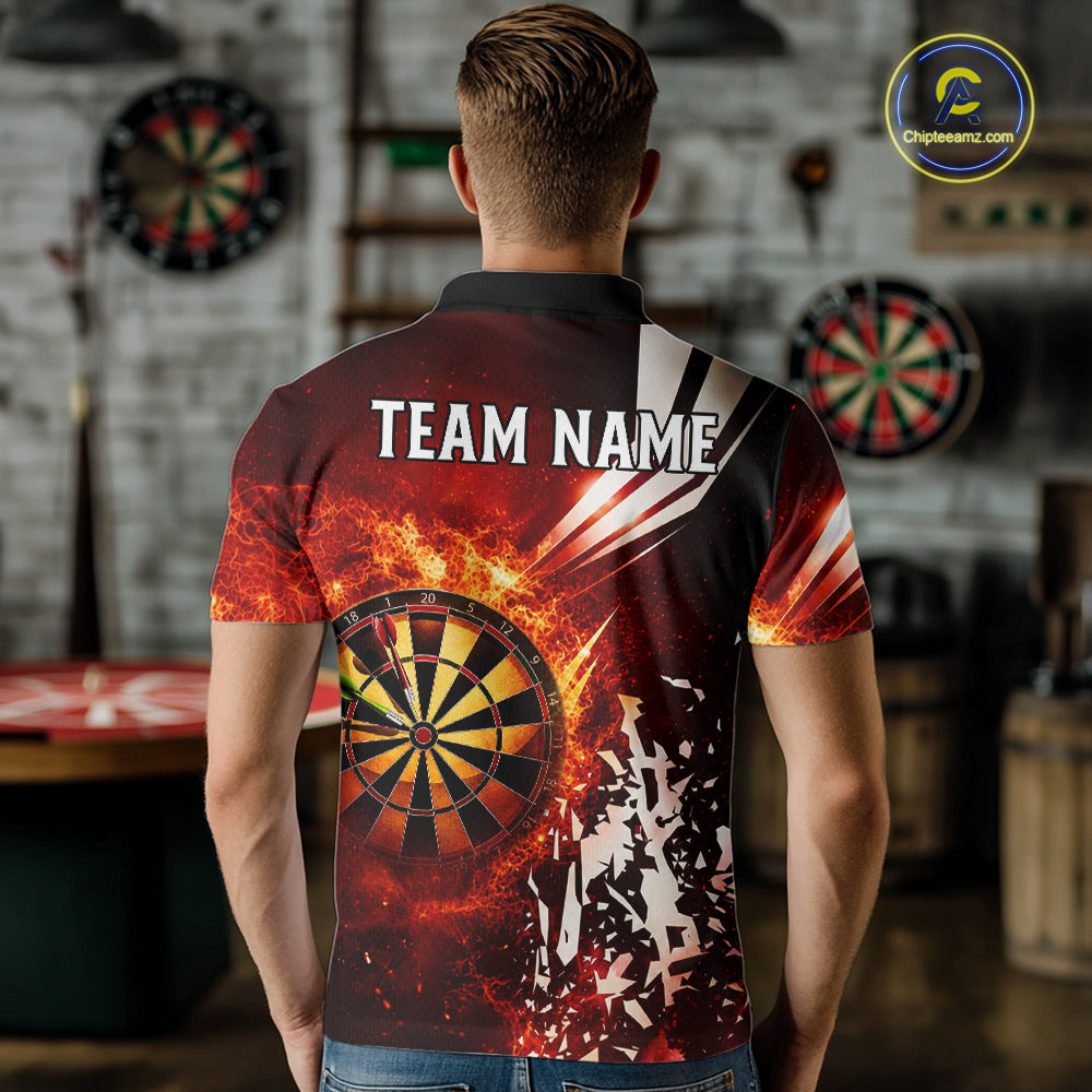 Back view of man wearing a red fire dartboard darts shirt.