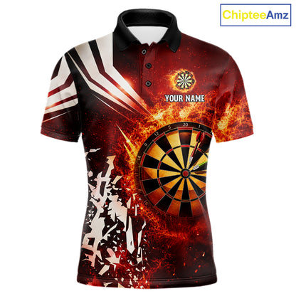 Red fire dartboard darts polo shirt for men with custom darts team graphics.