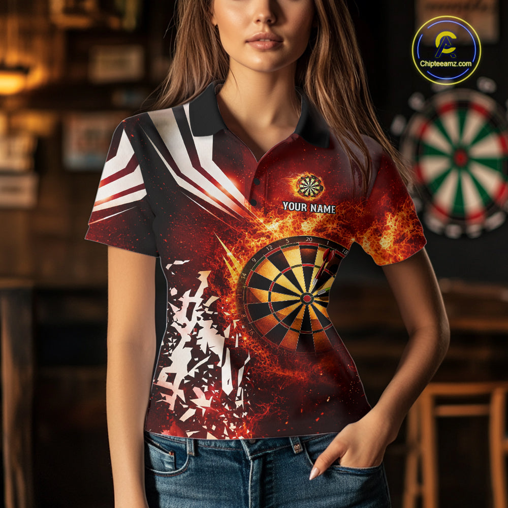 Woman wearing a red fire dartboard darts jersey front view.