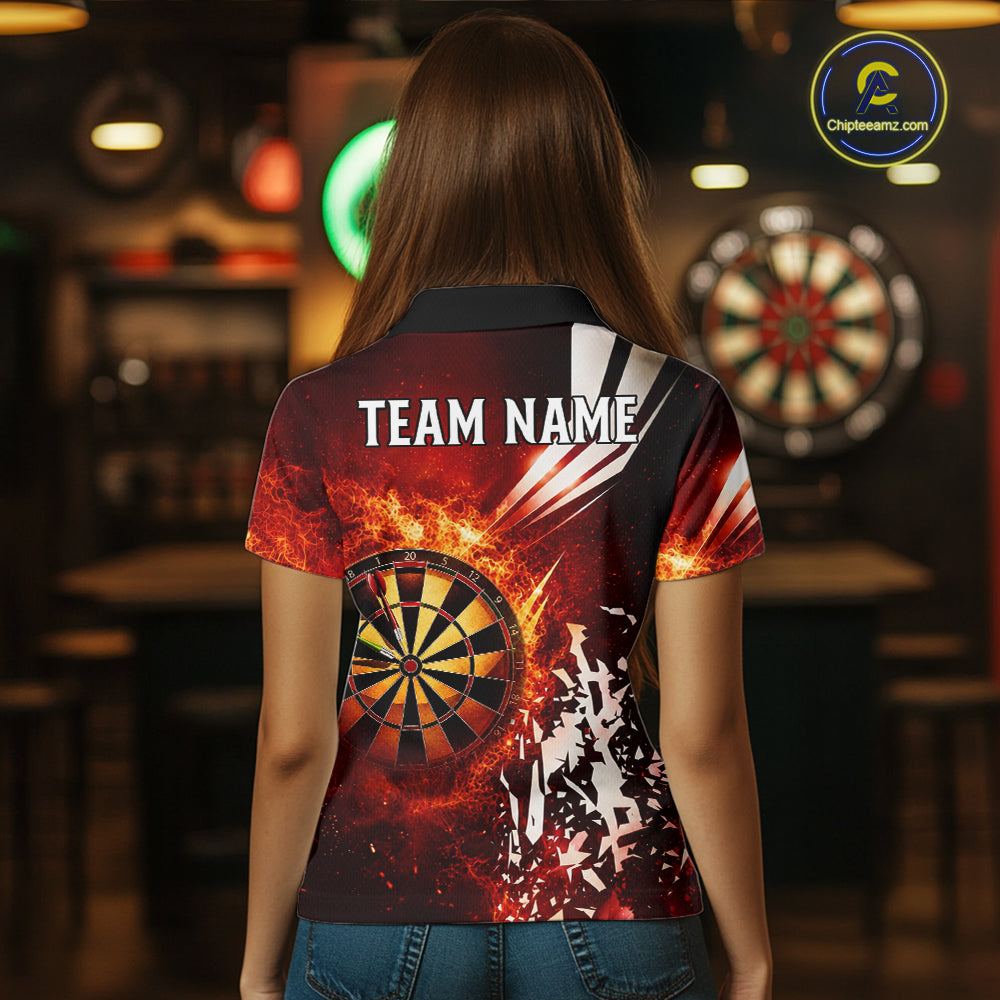 Back view of woman wearing a red fire dartboard darts shirt.