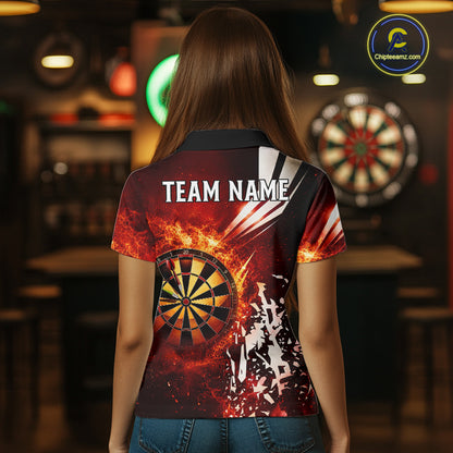 Back view of woman wearing a red fire dartboard darts shirt.