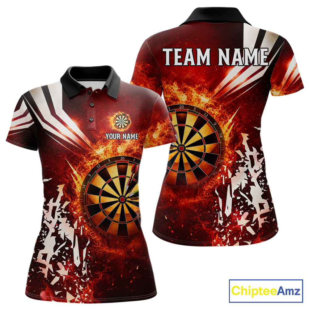 Red fire dartboard darts polo shirt for women with custom darts team graphics.