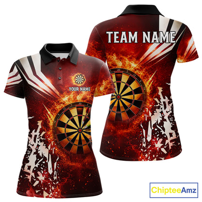 Red fire dartboard darts polo shirt for women with custom darts team graphics.