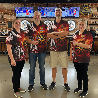 Darts team wearing matching red fire dartboard darts jerseys during league competition front view.