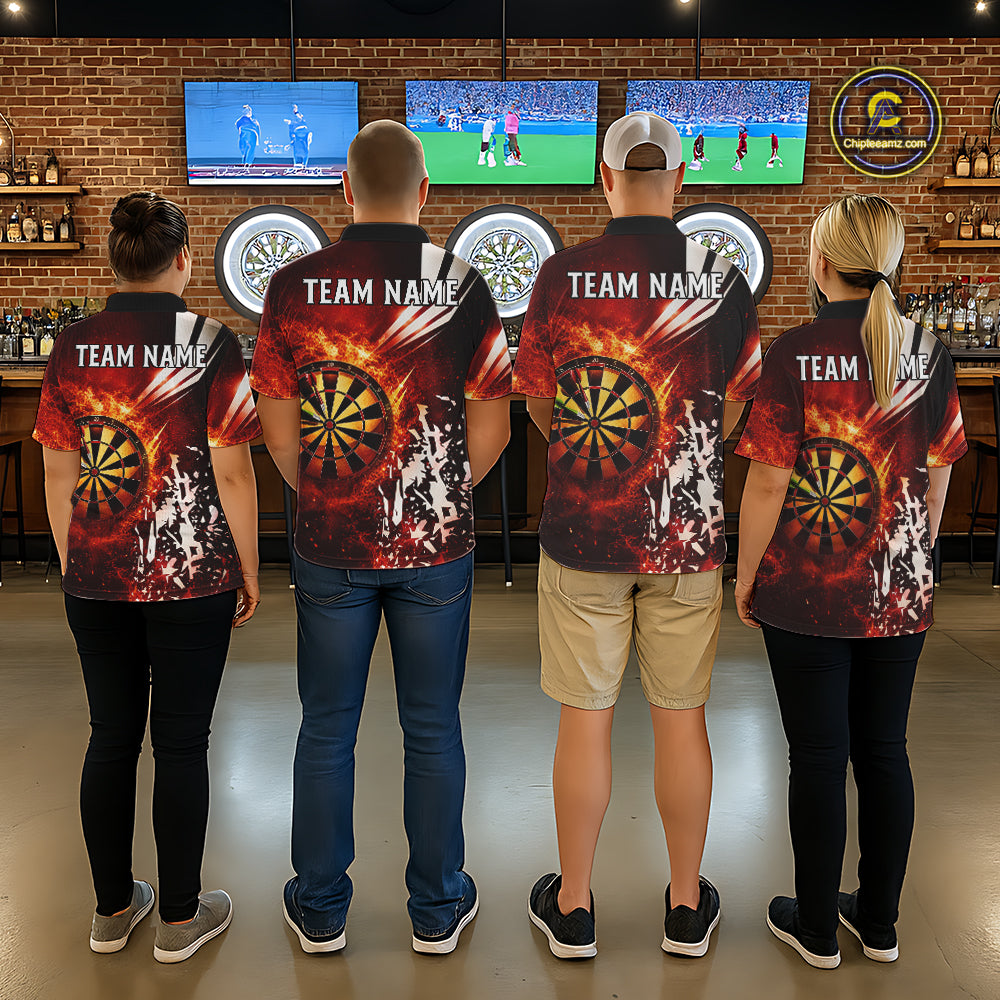 Back view of darts players wearing matching red fire dartboard darts shirts.