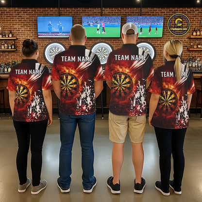 Back view of darts players wearing matching red fire dartboard darts shirts.