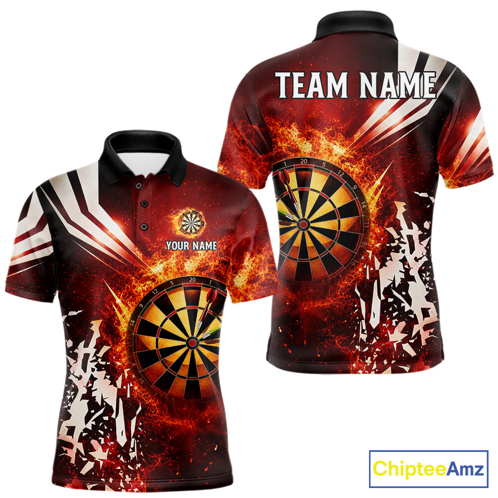 Red fire dartboard darts polo shirt for men with custom darts team graphics.