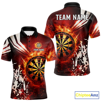 Red fire dartboard darts polo shirt for men with custom darts team graphics.