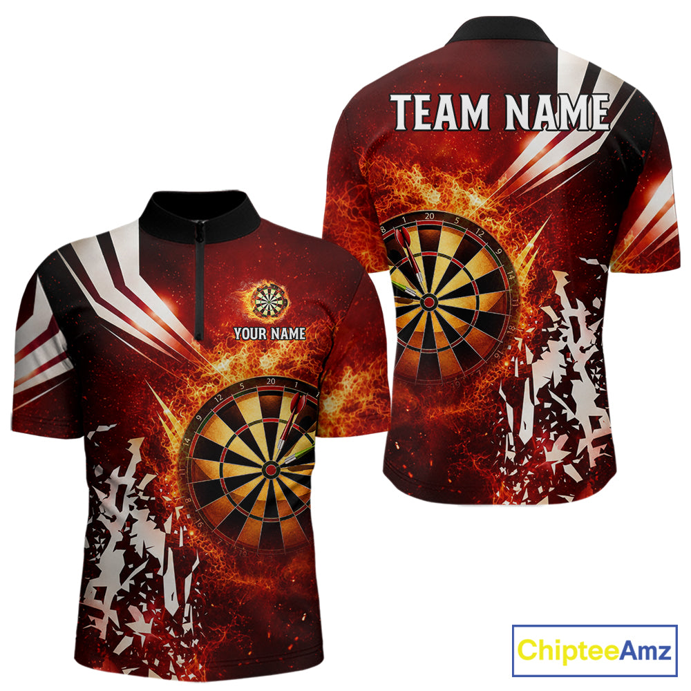 Red fire dartboard darts quarter zip shirt for men designed for league tournaments and team events.