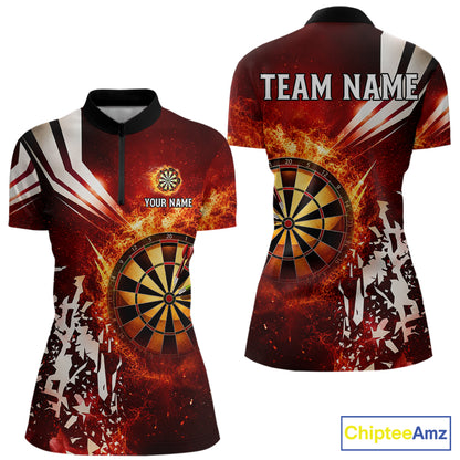 Red fire dartboard darts quarter zip shirt for women designed for league tournaments and team events.