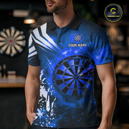 Man wearing a blue fire dartboard darts jersey front view.