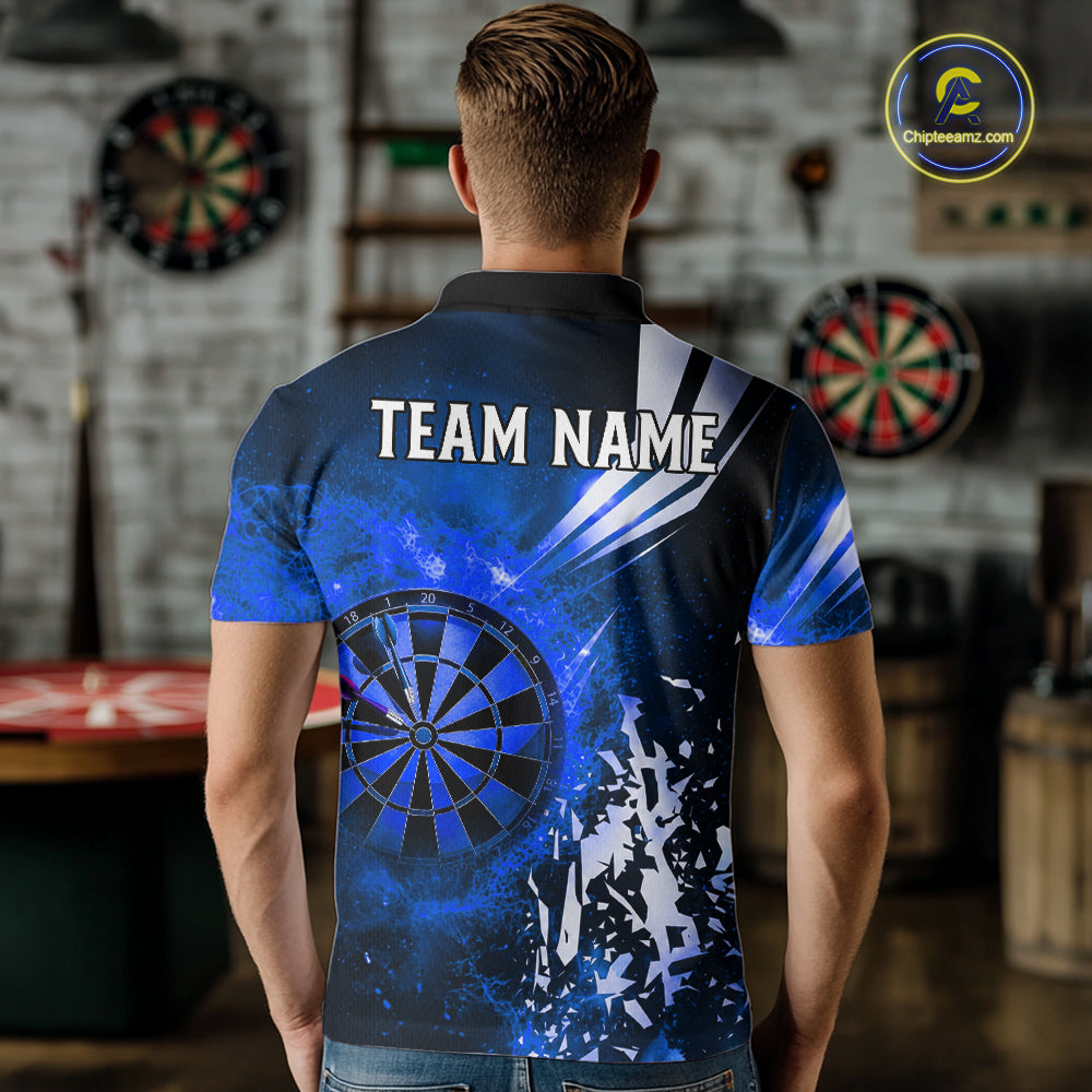 Back view of man wearing a blue fire dartboard darts shirt.