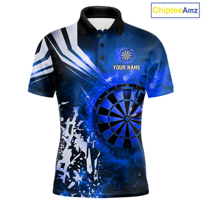 Blue fire dartboard darts polo shirt for men with custom darts team graphics.