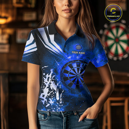Woman wearing a blue fire dartboard darts jersey front view.