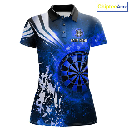 Blue fire dartboard darts polo shirt for women with custom darts team graphics.