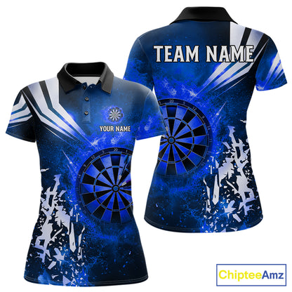 Blue fire dartboard darts polo shirt for women with custom darts team graphics.
