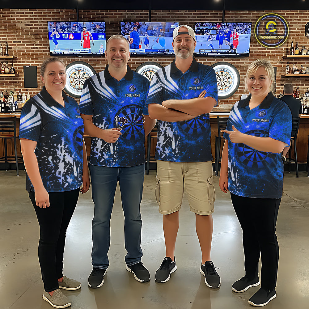 Darts team wearing matching blue fire dartboard darts jerseys during league competition front view.