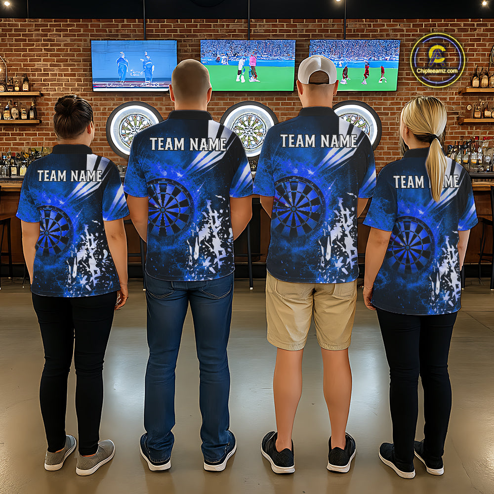 Back view of darts players wearing matching blue fire dartboard darts shirts.