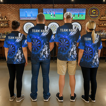 Back view of darts players wearing matching blue fire dartboard darts shirts.