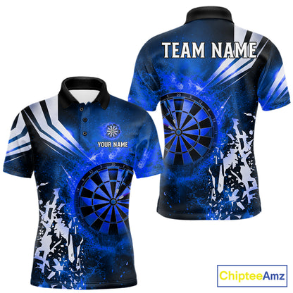 Blue fire dartboard darts polo shirt for men with custom darts team graphics.
