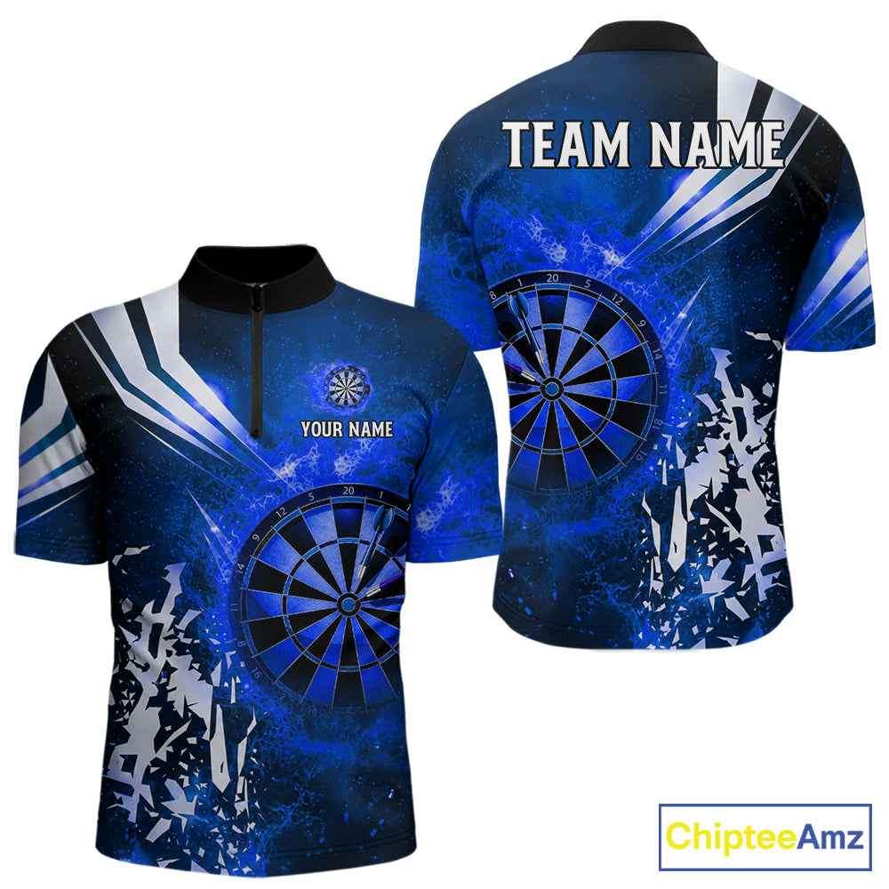 Blue fire dartboard darts quarter zip shirt for men designed for league tournaments and team events.