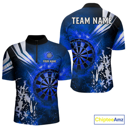 Blue fire dartboard darts quarter zip shirt for men designed for league tournaments and team events.