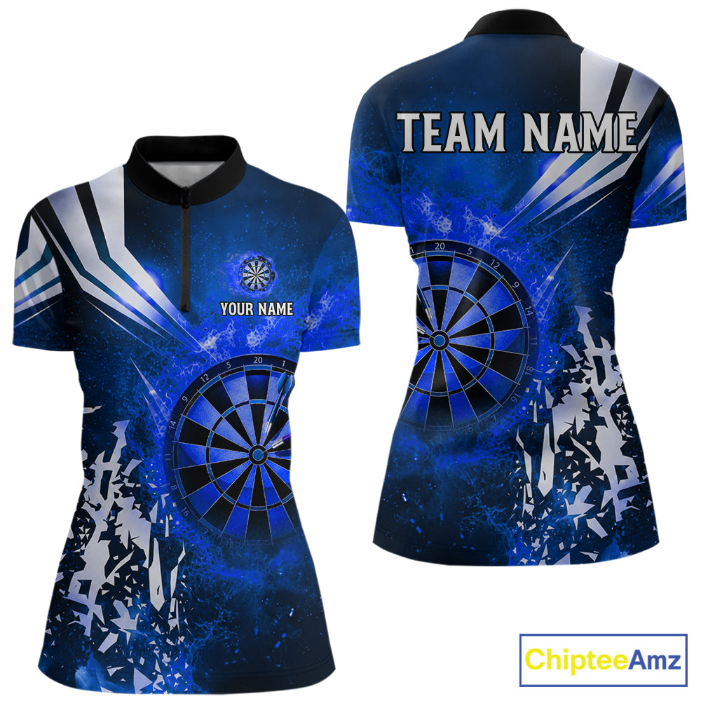 Blue fire dartboard darts quarter zip shirt for women designed for league tournaments and team events.