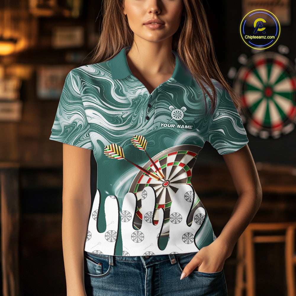 Woman wearing a green marble swirl darts jersey front view.
