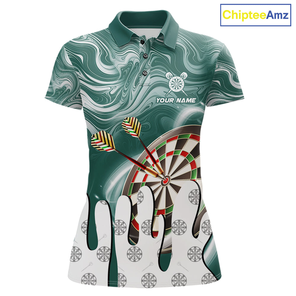 Green marble swirl darts polo shirt for women with custom darts team graphics.