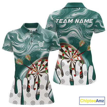 Green marble swirl darts polo shirt for women with custom darts team graphics.