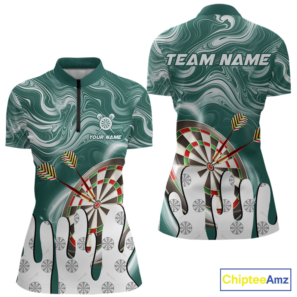 Green marble swirl darts quarter zip shirt for women designed for league tournaments and team events.
