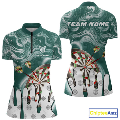 Green marble swirl darts quarter zip shirt for women designed for league tournaments and team events.