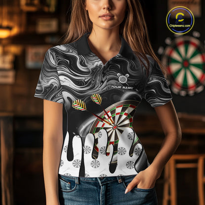 Woman wearing a black marble swirl darts jersey front view.