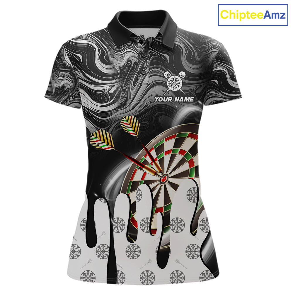 Black marble swirl darts polo shirt for women with custom darts team graphics.