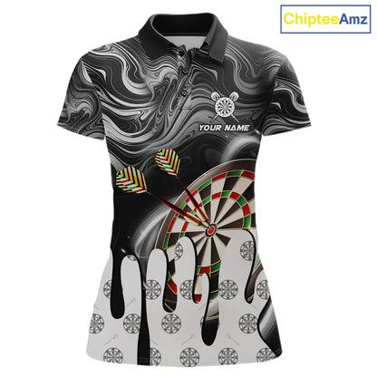 Black marble swirl darts polo shirt for women with custom darts team graphics.