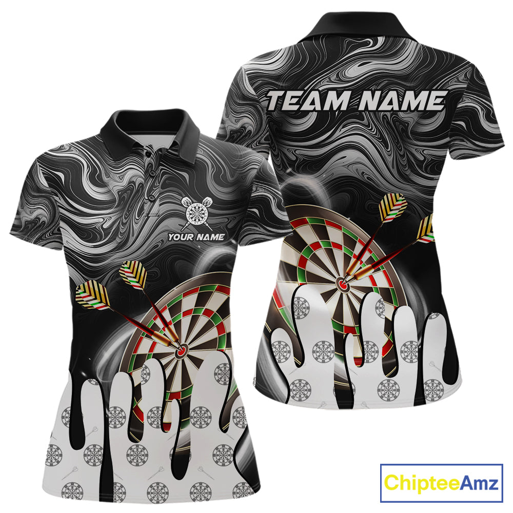 Black marble swirl darts polo shirt for women with custom darts team graphics.