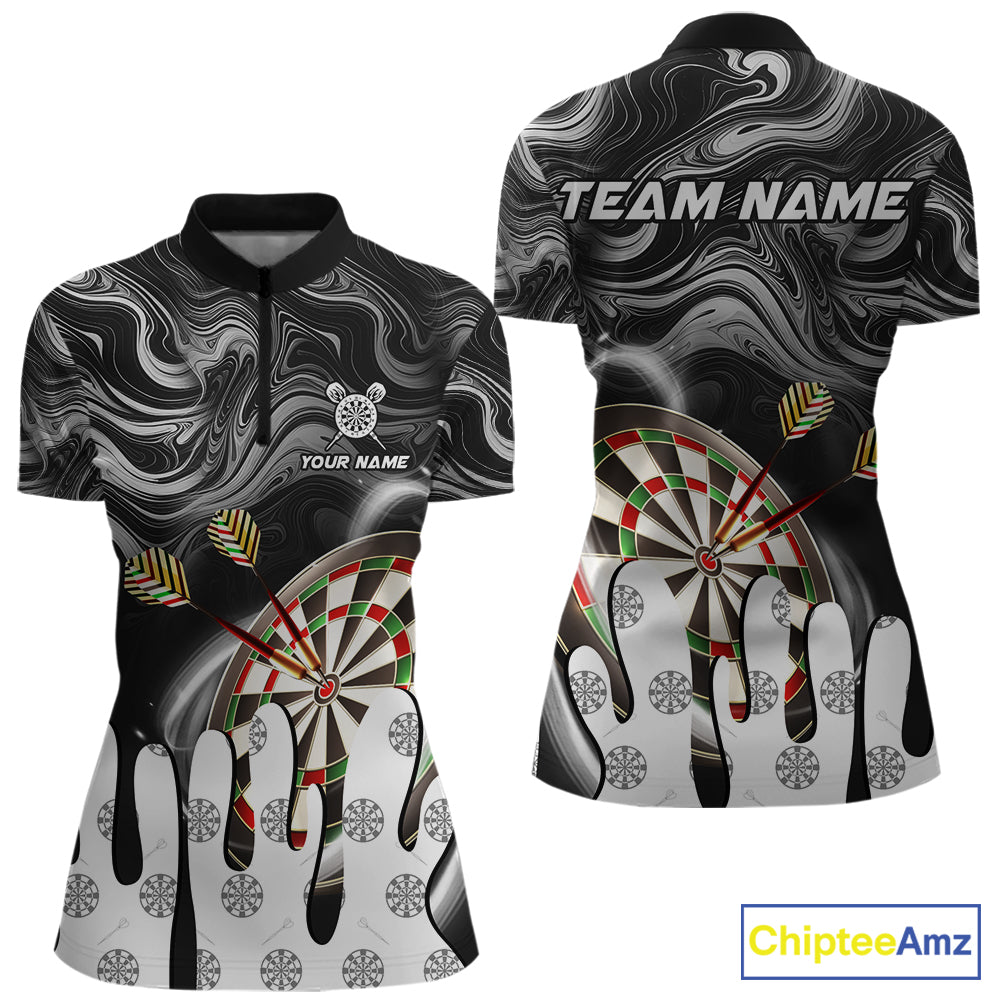 Black marble swirl darts quarter zip shirt for women designed for league tournaments and team events.