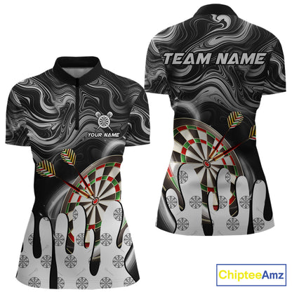 Black marble swirl darts quarter zip shirt for women designed for league tournaments and team events.
