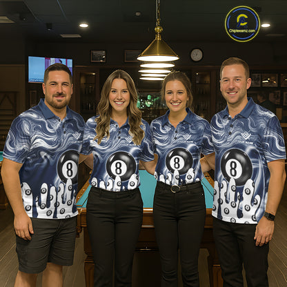 Pool team wearing matching blue marble swirl 8 ball billiard jerseys during tournament competition front view.