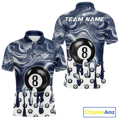Blue marble swirl 8 ball billiard polo shirt for men with custom pool team graphics.