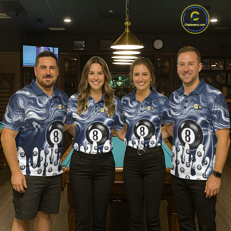 Pool team wearing matching blue marble swirl 8 ball and 9 ball billiard jerseys during tournament competition front view.