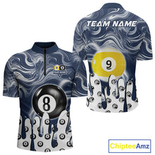 Load image into Gallery viewer, Blue marble swirl 8 ball and 9 ball billiard quarter zip shirt for men designed for league tournaments and team events.