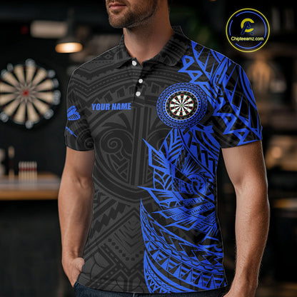 Personalized Black And Blue Tribal Darts Polo & Quarter Zip Custom Dart Shirts For Men Dart Jersey TDM4826