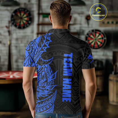 Personalized Black And Blue Tribal Darts Polo & Quarter Zip Custom Dart Shirts For Men Dart Jersey TDM4826