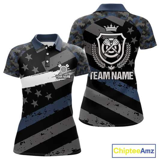 Blue Camo American Flag Darts Jersey For Women Custom Grunge Darts Shirt Team Polo & Quarter Zip TDM5031