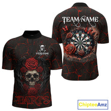 Load image into Gallery viewer, Personalized Skull And Roses Gothic Darts Shirt For Men Custom Red Dart Jersey Team Polo &amp; 1/4 Zip TDM5041