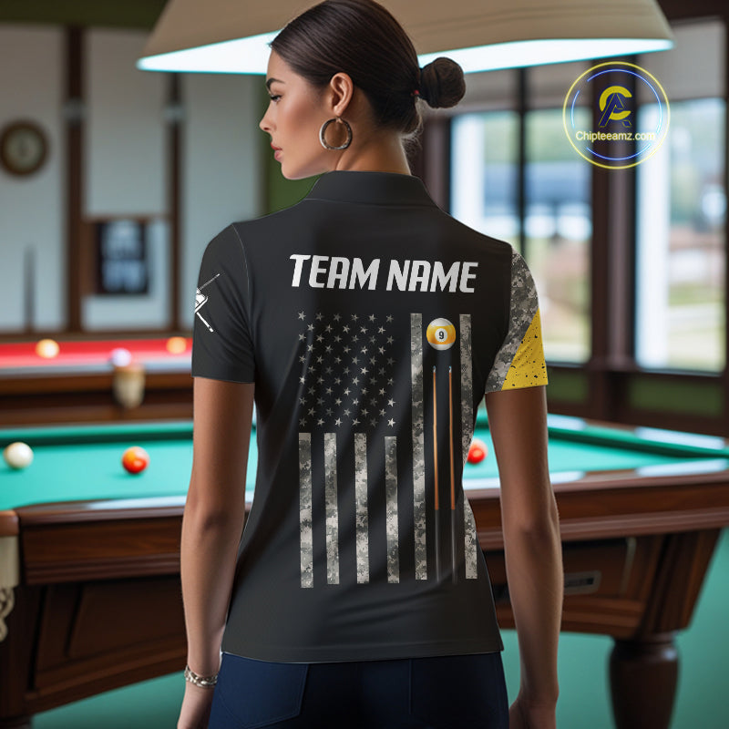 Personalized 9 Ball Camo Skull Billiard Shirt For Women, US Flag Pool Team Jerseys Polo & 1/4 Zip TDM5251